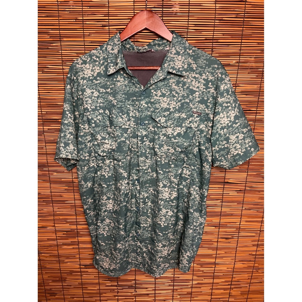 Columbia Mens Short Sleeve Button Down Green Abstract Print Vented Hiking Shirt